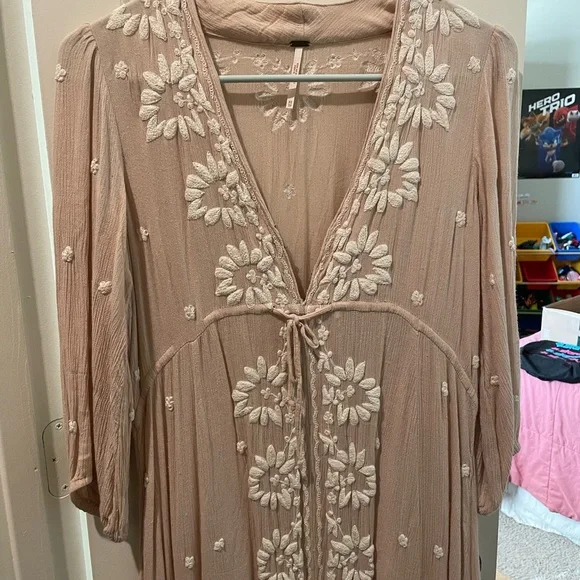 Free People Floral Embroidered Dress in Soft Tan - Picture 2 of 6
